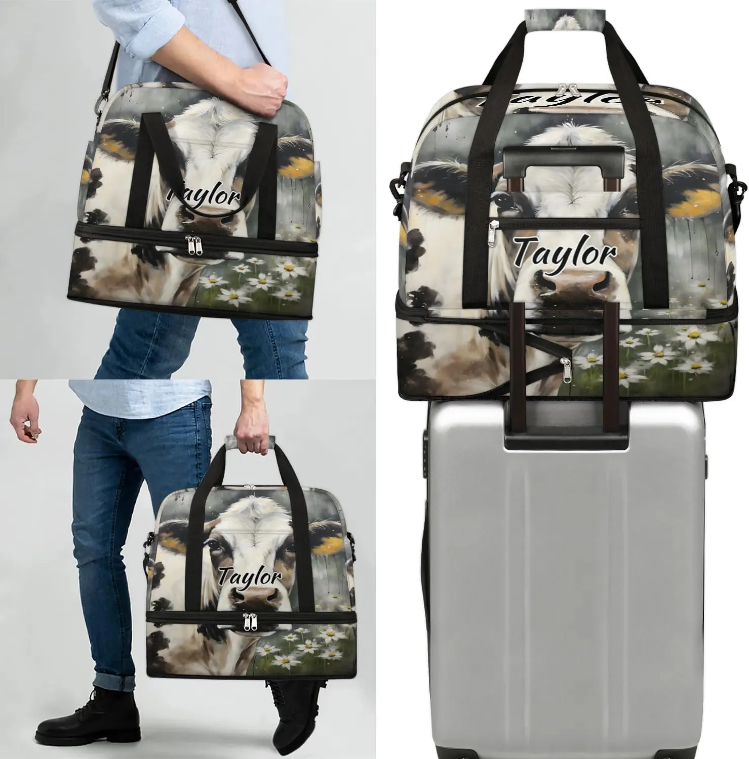 Customized Gym Bag for Women, Personalized Animal Cow Travel Duffel Bag with Name, Cow Weekender Overnight Bag with Shoes Compartment for Men Travel Yoga