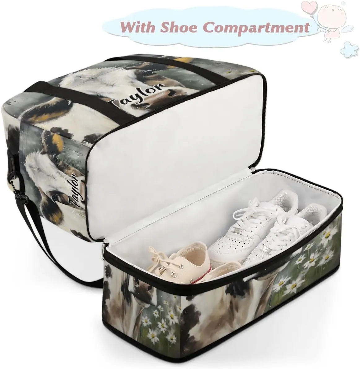 Customized Gym Bag for Women, Personalized Animal Cow Travel Duffel Bag with Name, Cow Weekender Overnight Bag with Shoes Compartment for Men Travel Yoga