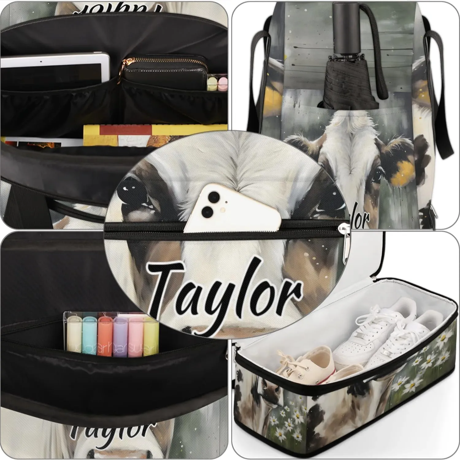 Customized Gym Bag for Women, Personalized Animal Cow Travel Duffel Bag with Name, Cow Weekender Overnight Bag with Shoes Compartment for Men Travel Yoga