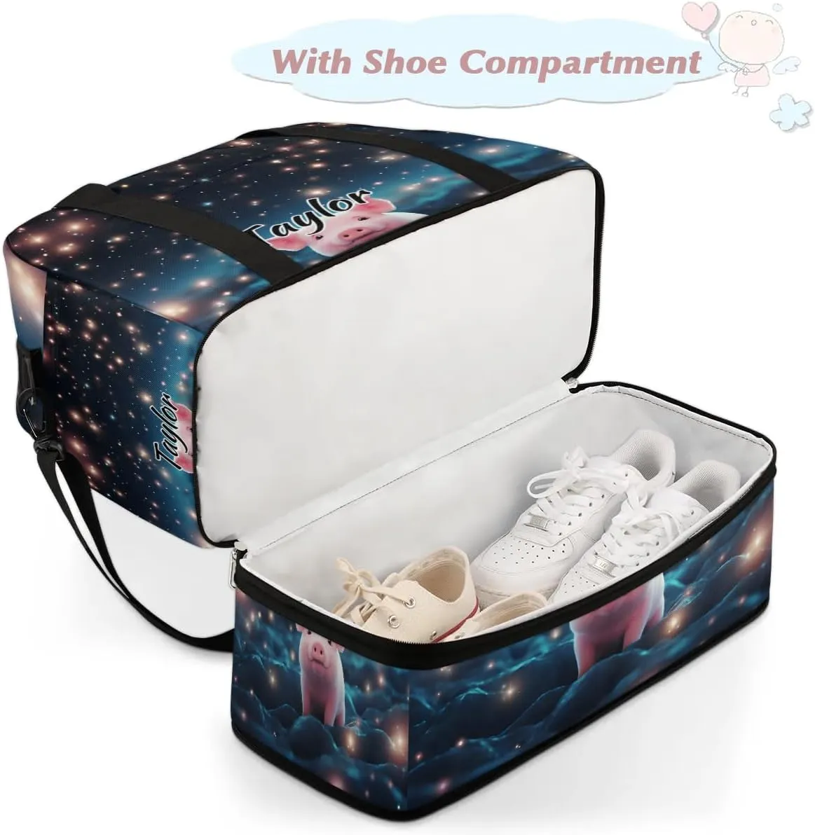 Customized Gym Bag for Women, Personalized Cartoon Pig Travel Duffel Bag with Name, Cute Pig Weekender Overnight Bag with Shoes Compartment for Men Travel Yoga