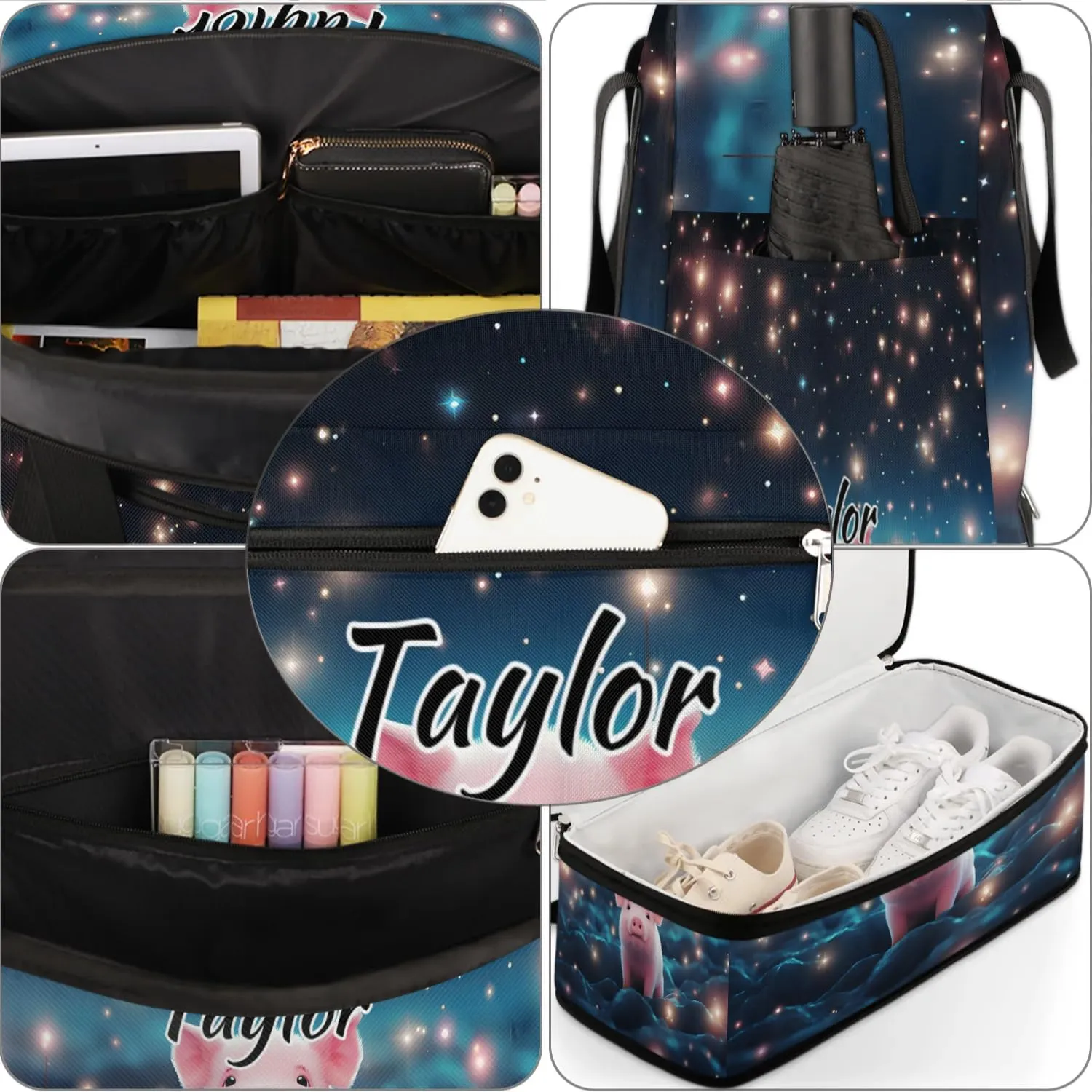 Customized Gym Bag for Women, Personalized Cartoon Pig Travel Duffel Bag with Name, Cute Pig Weekender Overnight Bag with Shoes Compartment for Men Travel Yoga