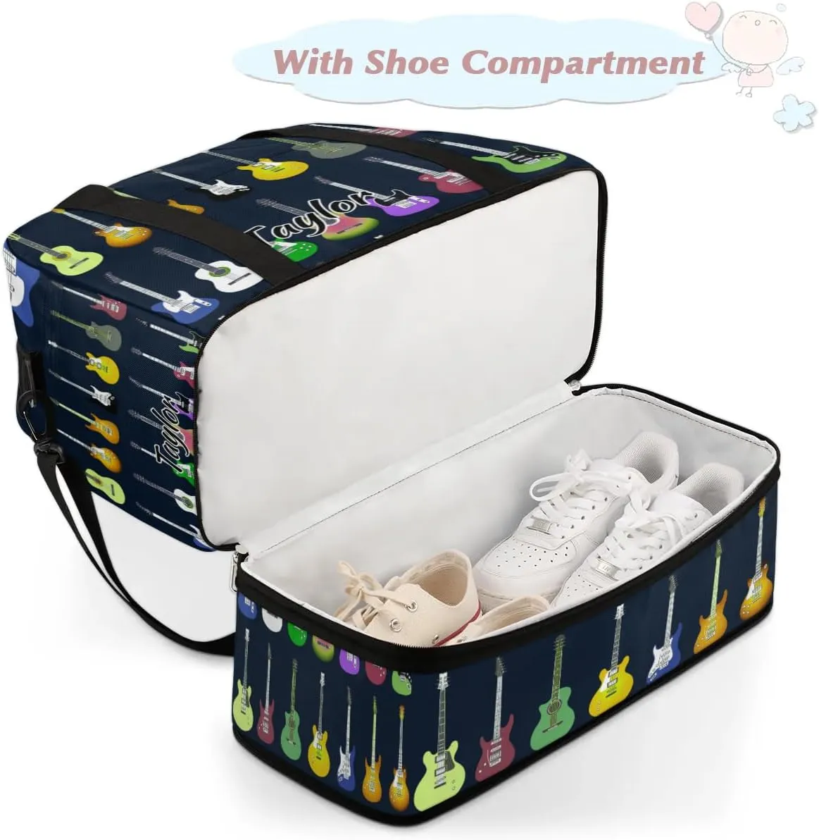 Customized Gym Bag for Women, Personalized Colorful Guitars Travel Duffel Bag with Name, Music Weekender Overnight Bag with Shoes Compartment for Men Travel Yoga