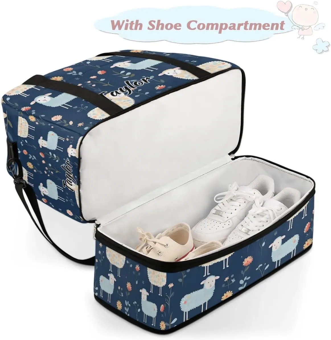 Customized Gym Bag for Women, Personalized Cute Sheep Travel Duffel Bag with Name, Cartoon Sheep Weekender Overnight Bag with Shoes Compartment for Men Travel Yoga