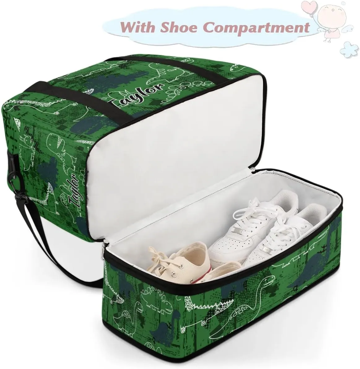 Customized Gym Bag for Women, Personalized Dinosaur Travel Duffel Bag with Name, Animal Theme Weekender Overnight Bag with Shoes Compartment for Men Travel Yoga