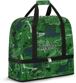 Customized Gym Bag for Women, Personalized Dinosaur Travel Duffel Bag with Name, Animal Theme Weekender Overnight Bag with Shoes Compartment for Men Travel Yoga
