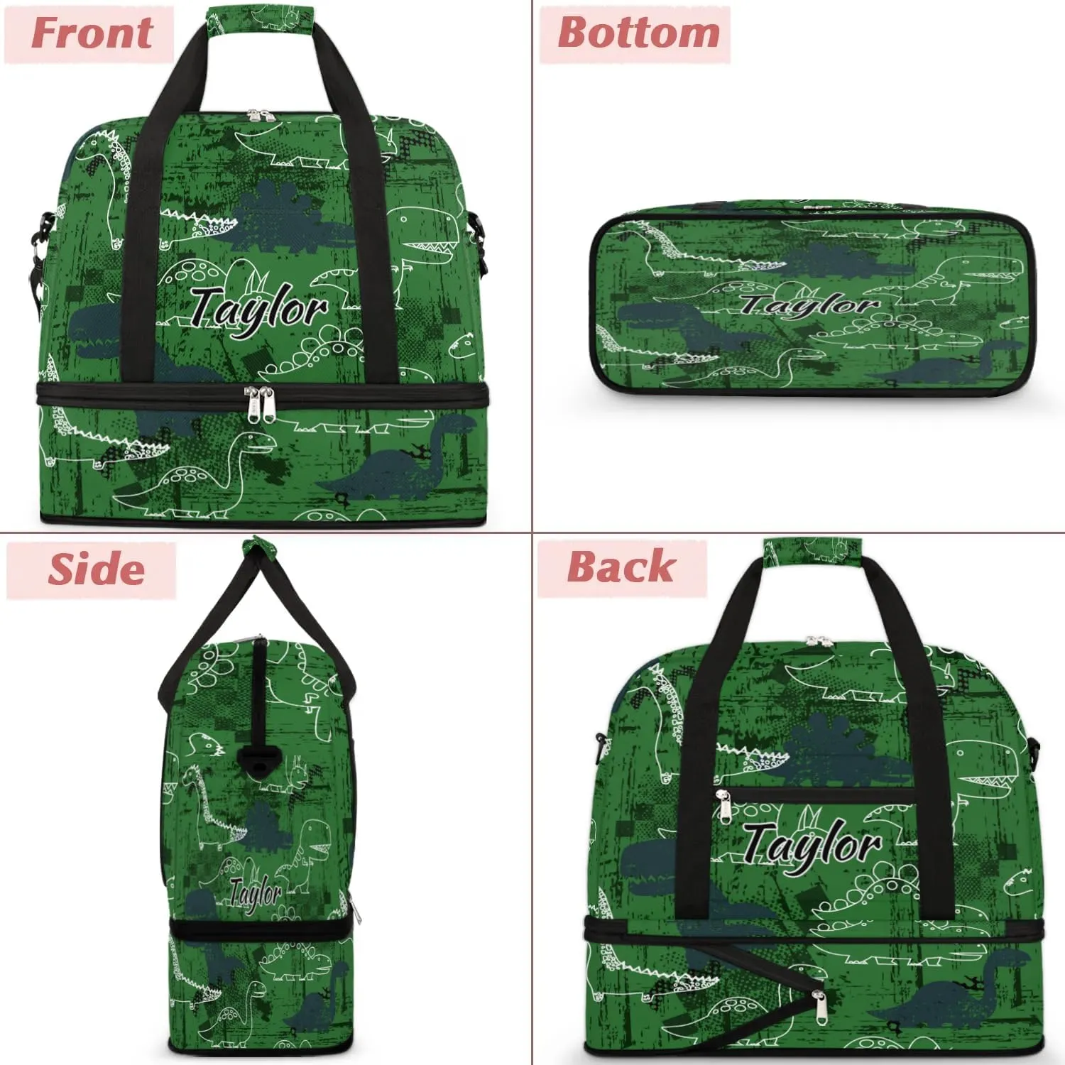 Customized Gym Bag for Women, Personalized Dinosaur Travel Duffel Bag with Name, Animal Theme Weekender Overnight Bag with Shoes Compartment for Men Travel Yoga