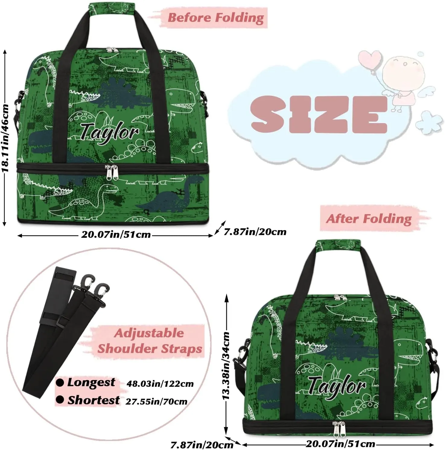 Customized Gym Bag for Women, Personalized Dinosaur Travel Duffel Bag with Name, Animal Theme Weekender Overnight Bag with Shoes Compartment for Men Travel Yoga