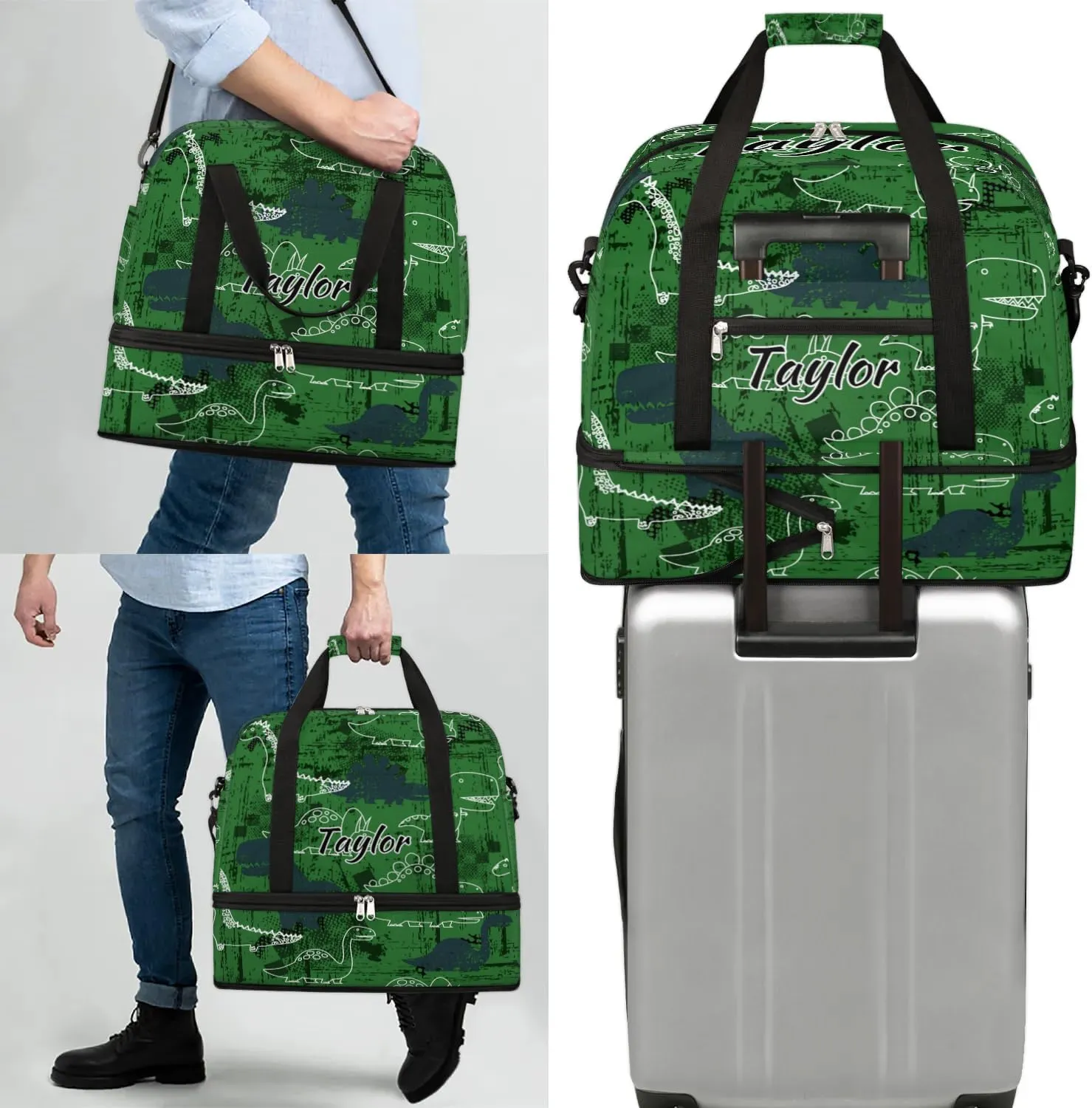 Customized Gym Bag for Women, Personalized Dinosaur Travel Duffel Bag with Name, Animal Theme Weekender Overnight Bag with Shoes Compartment for Men Travel Yoga