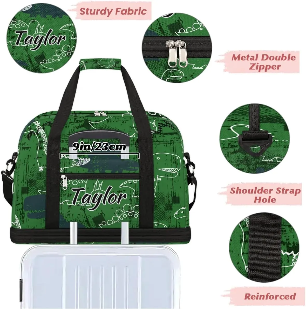 Customized Gym Bag for Women, Personalized Dinosaur Travel Duffel Bag with Name, Animal Theme Weekender Overnight Bag with Shoes Compartment for Men Travel Yoga