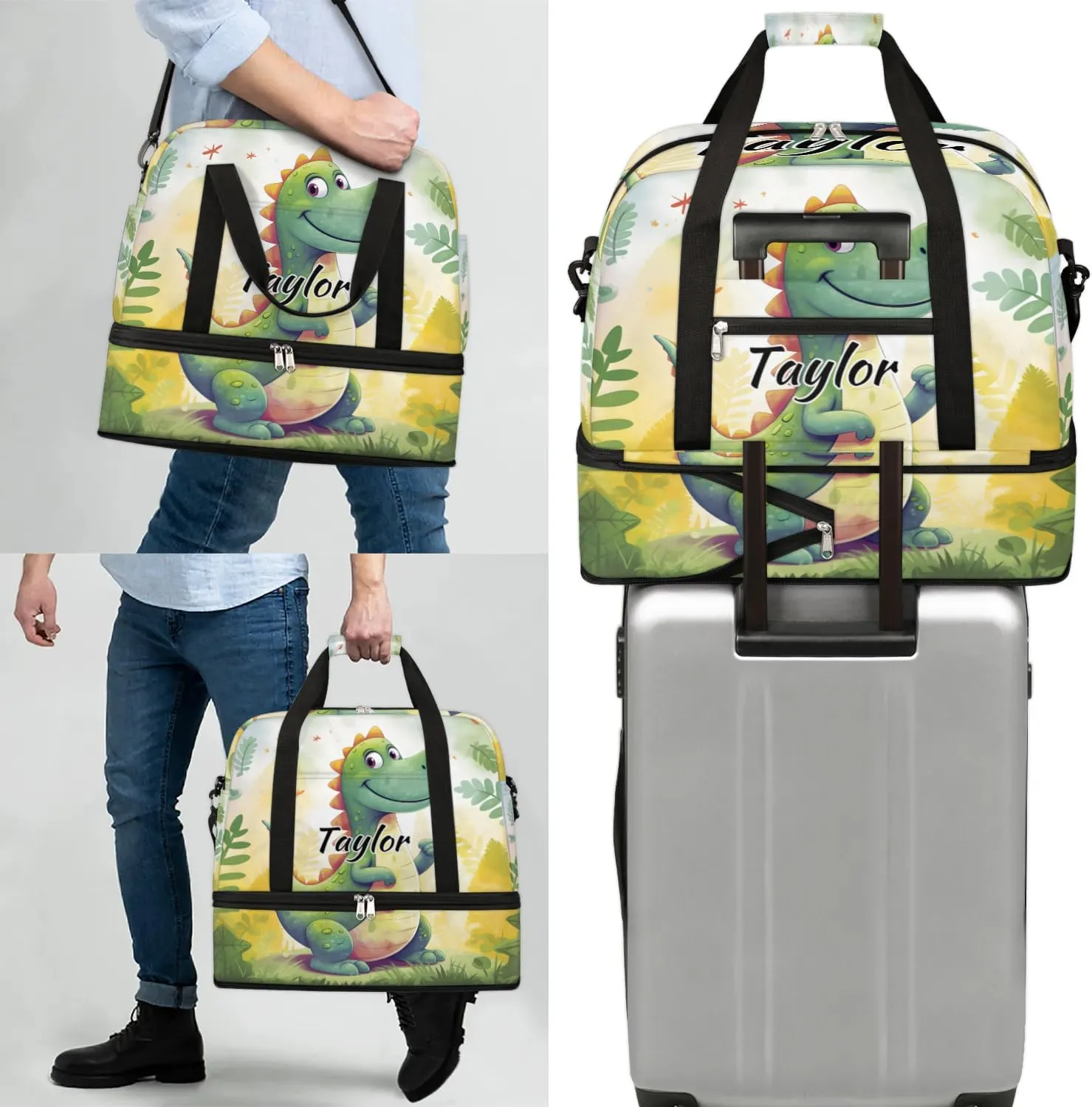 Customized Gym Bag for Women, Personalized Dinosaur Travel Duffel Bag with Name, Cute Dinosaur Weekender Overnight Bag with Shoes Compartment for Men Travel Yoga