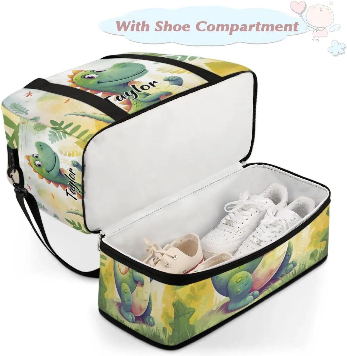 Customized Gym Bag for Women, Personalized Dinosaur Travel Duffel Bag with Name, Cute Dinosaur Weekender Overnight Bag with Shoes Compartment for Men Travel Yoga