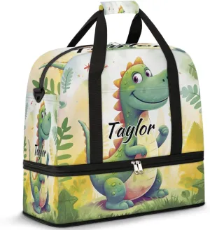 Customized Gym Bag for Women, Personalized Dinosaur Travel Duffel Bag with Name, Cute Dinosaur Weekender Overnight Bag with Shoes Compartment for Men Travel Yoga