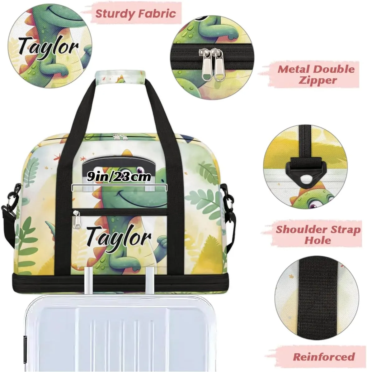 Customized Gym Bag for Women, Personalized Dinosaur Travel Duffel Bag with Name, Cute Dinosaur Weekender Overnight Bag with Shoes Compartment for Men Travel Yoga