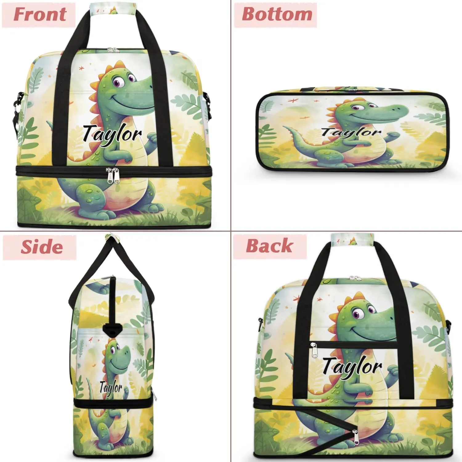 Customized Gym Bag for Women, Personalized Dinosaur Travel Duffel Bag with Name, Cute Dinosaur Weekender Overnight Bag with Shoes Compartment for Men Travel Yoga