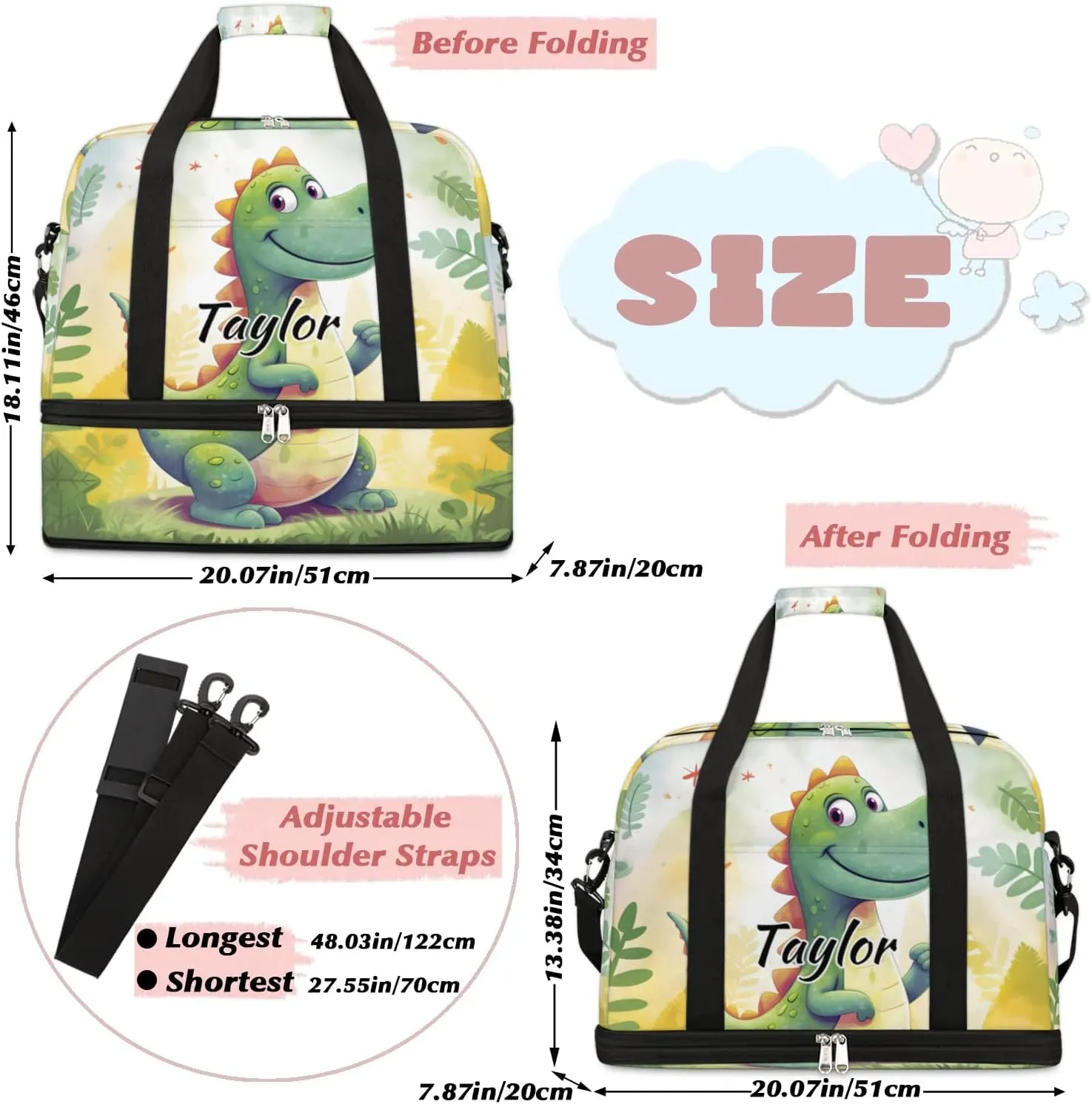 Customized Gym Bag for Women, Personalized Dinosaur Travel Duffel Bag with Name, Cute Dinosaur Weekender Overnight Bag with Shoes Compartment for Men Travel Yoga