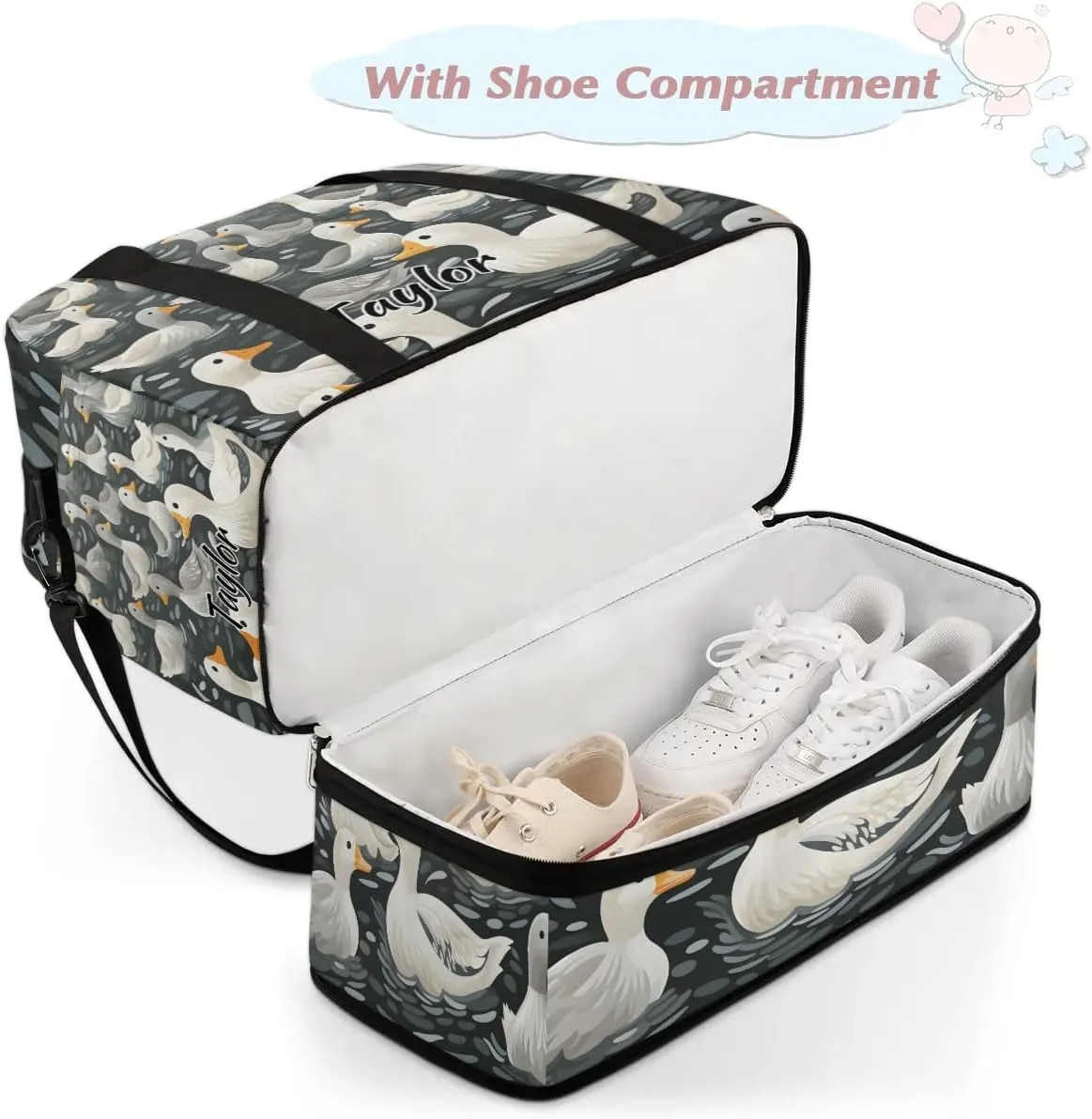 Customized Gym Bag for Women, Personalized Duck Travel Duffel Bag with Name, Farmhouse Duck Weekender Overnight Bag with Shoes Compartment for Men Travel Yoga