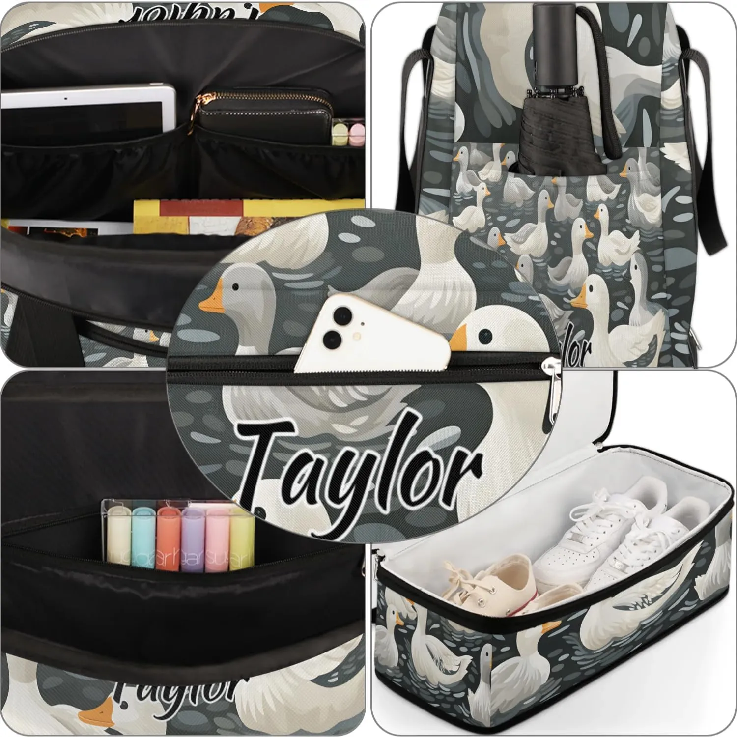 Customized Gym Bag for Women, Personalized Duck Travel Duffel Bag with Name, Farmhouse Duck Weekender Overnight Bag with Shoes Compartment for Men Travel Yoga