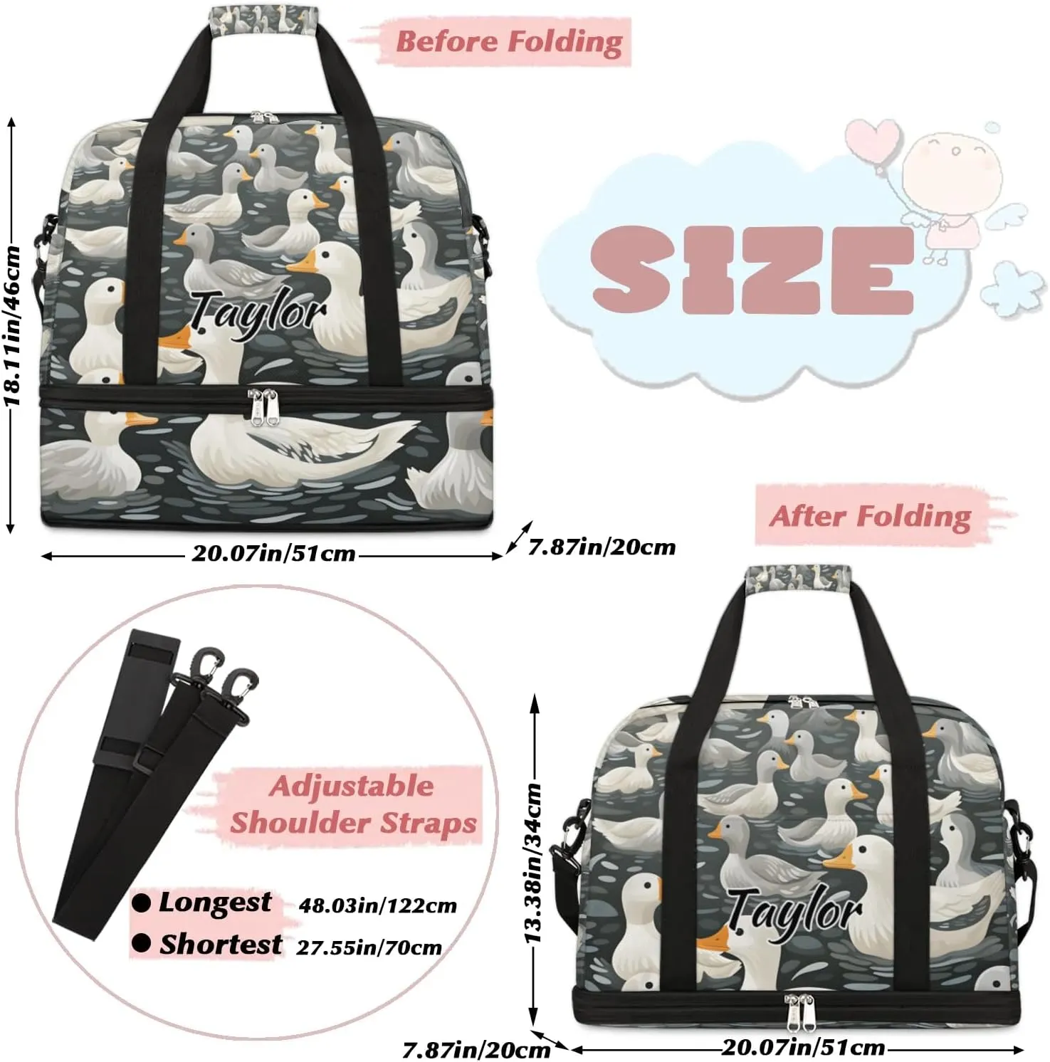 Customized Gym Bag for Women, Personalized Duck Travel Duffel Bag with Name, Farmhouse Duck Weekender Overnight Bag with Shoes Compartment for Men Travel Yoga