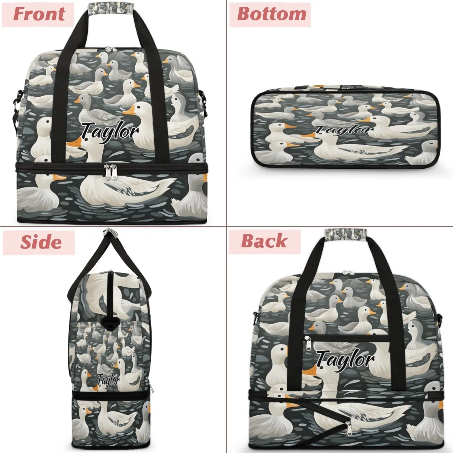 Customized Gym Bag for Women, Personalized Duck Travel Duffel Bag with Name, Farmhouse Duck Weekender Overnight Bag with Shoes Compartment for Men Travel Yoga