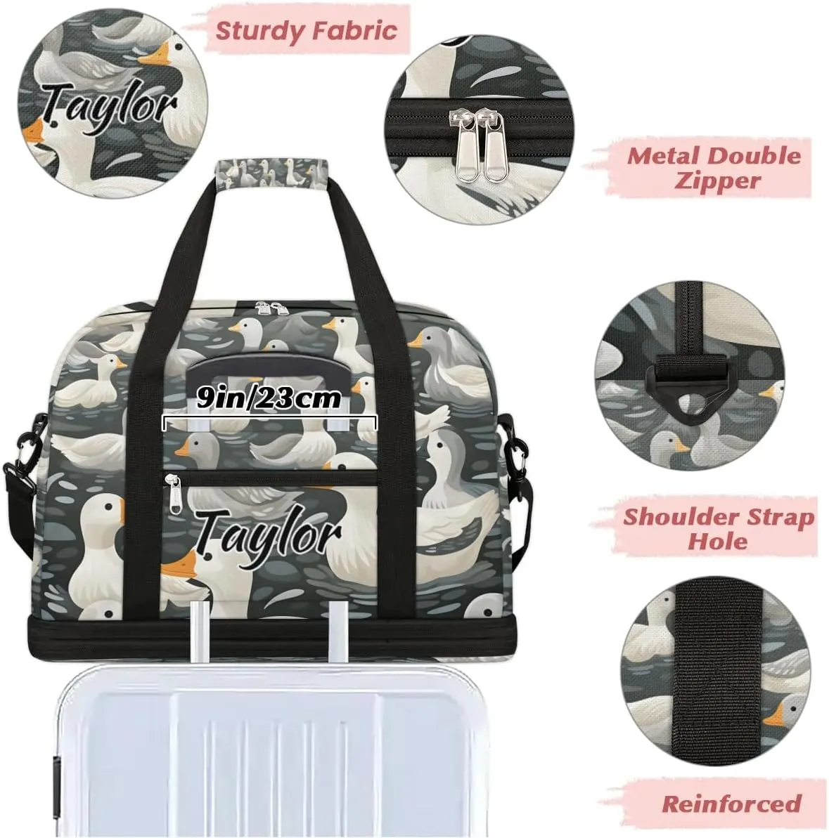 Customized Gym Bag for Women, Personalized Duck Travel Duffel Bag with Name, Farmhouse Duck Weekender Overnight Bag with Shoes Compartment for Men Travel Yoga