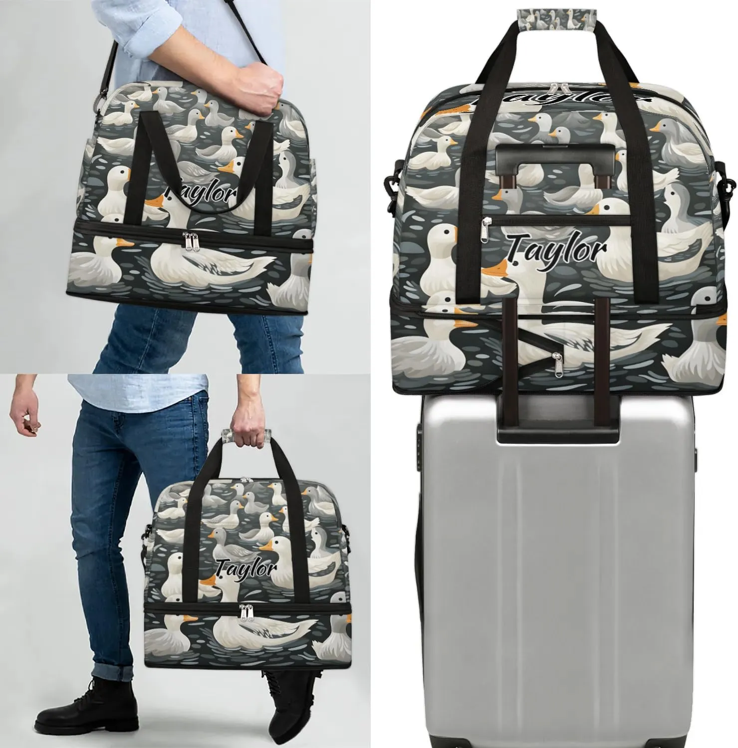 Customized Gym Bag for Women, Personalized Duck Travel Duffel Bag with Name, Farmhouse Duck Weekender Overnight Bag with Shoes Compartment for Men Travel Yoga