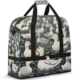 Customized Gym Bag for Women, Personalized Duck Travel Duffel Bag with Name, Farmhouse Duck Weekender Overnight Bag with Shoes Compartment for Men Travel Yoga