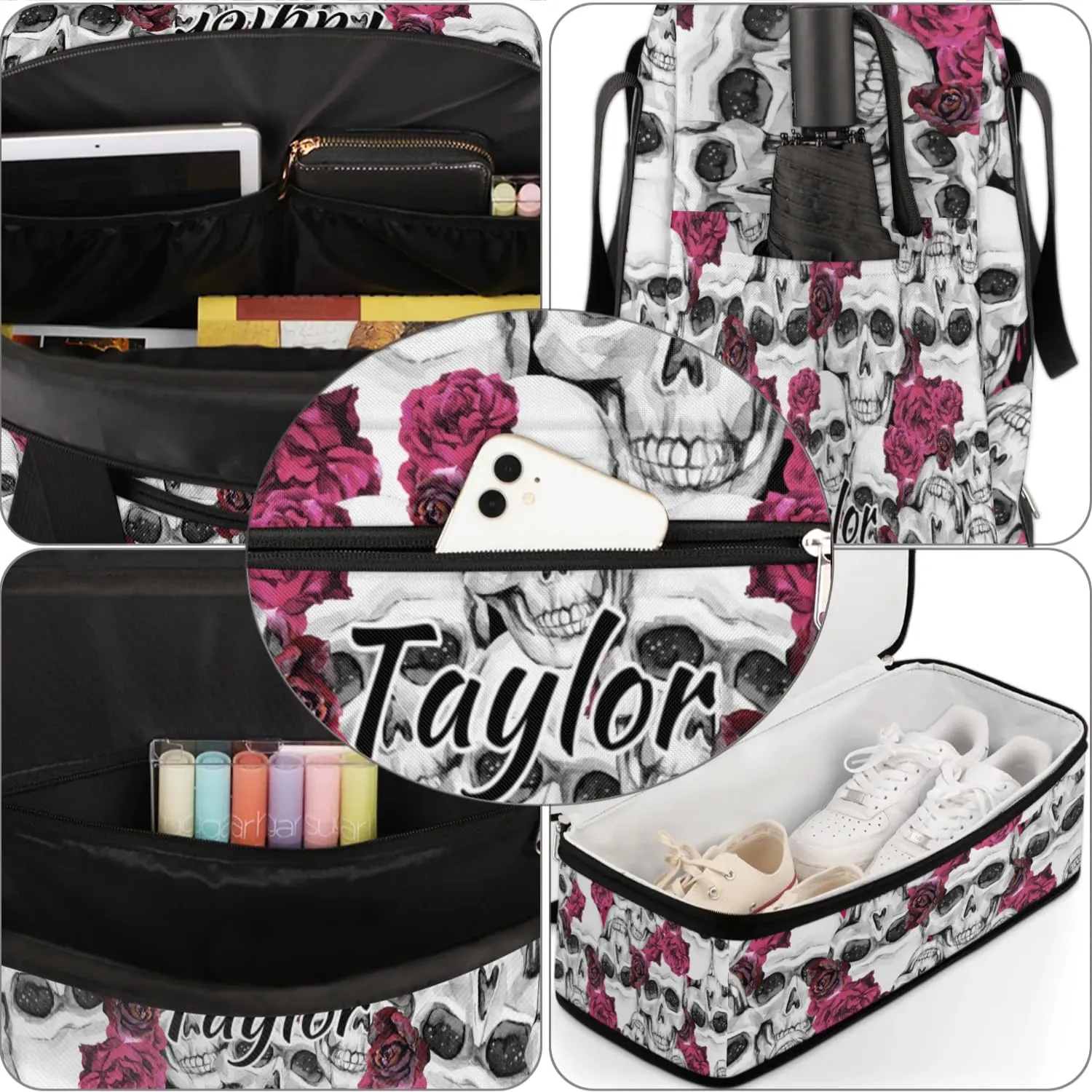 Customized Gym Bag for Women, Personalized Flower Skull Travel Duffel Bag with Name, Skull Print Weekender Overnight Bag with Shoes Compartment for Men Travel Yoga
