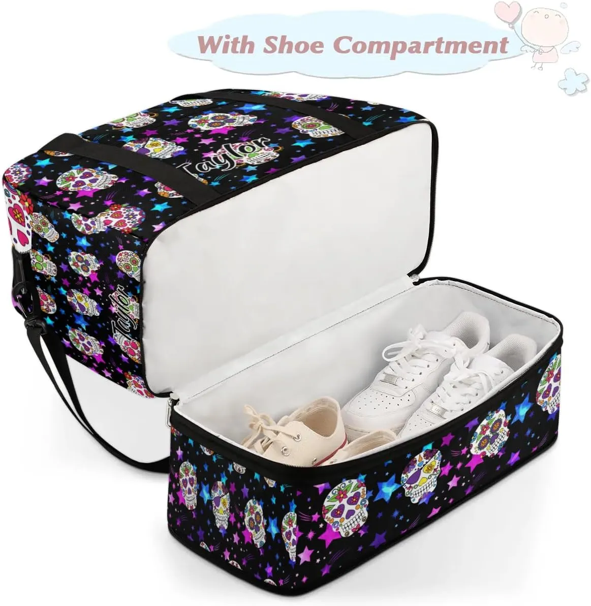 Customized Gym Bag for Women, Personalized Goth Skull Travel Duffel Bag with Name, Skull Skeleton Weekender Overnight Bag with Shoes Compartment for Men Travel Yoga