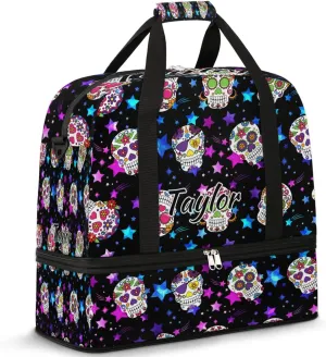 Customized Gym Bag for Women, Personalized Goth Skull Travel Duffel Bag with Name, Skull Skeleton Weekender Overnight Bag with Shoes Compartment for Men Travel Yoga