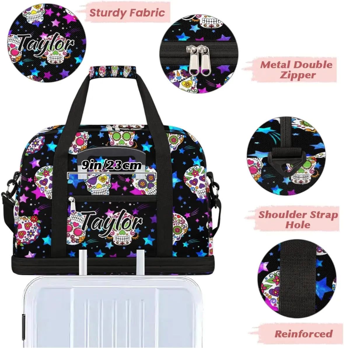 Customized Gym Bag for Women, Personalized Goth Skull Travel Duffel Bag with Name, Skull Skeleton Weekender Overnight Bag with Shoes Compartment for Men Travel Yoga