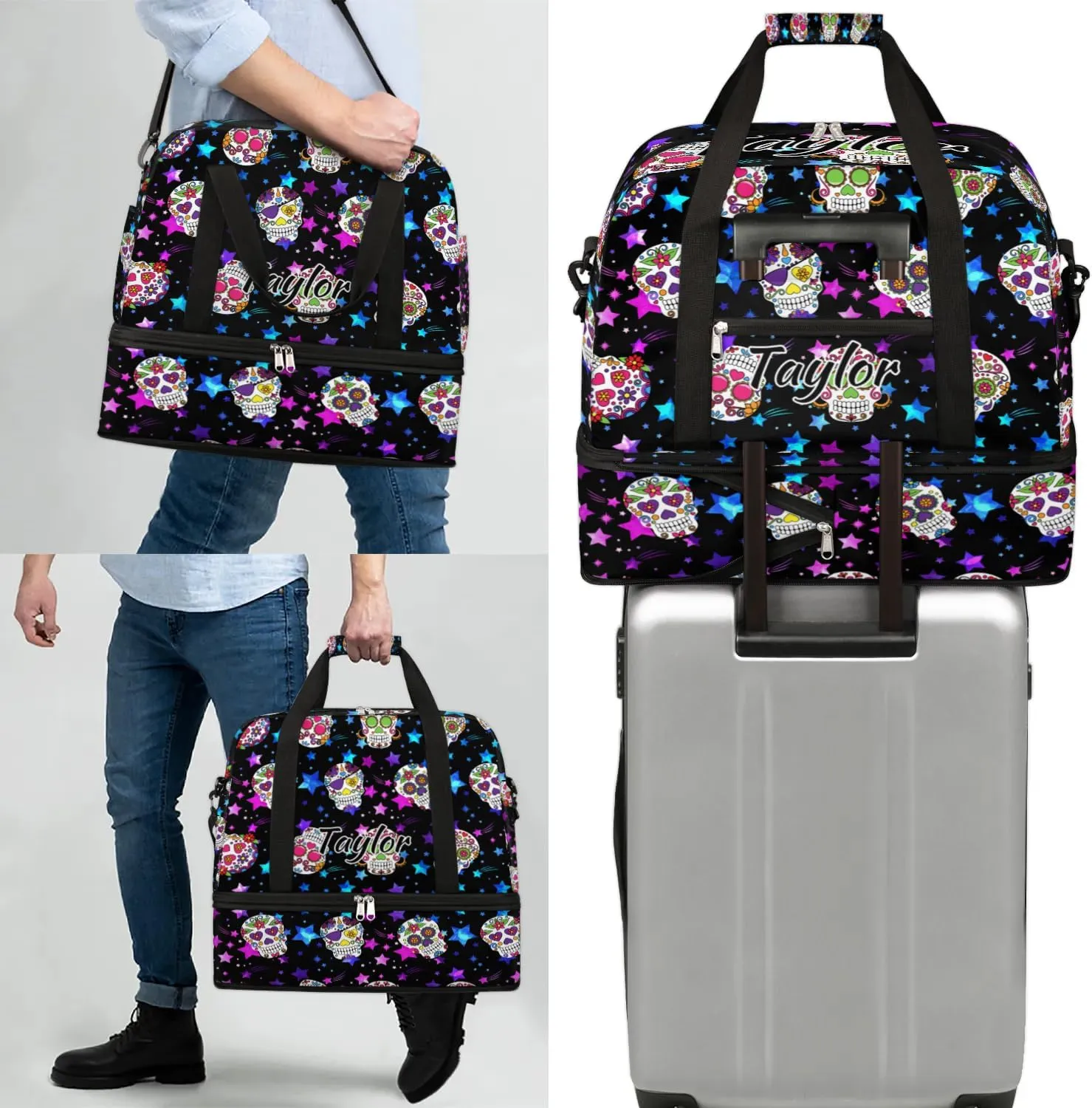Customized Gym Bag for Women, Personalized Goth Skull Travel Duffel Bag with Name, Skull Skeleton Weekender Overnight Bag with Shoes Compartment for Men Travel Yoga