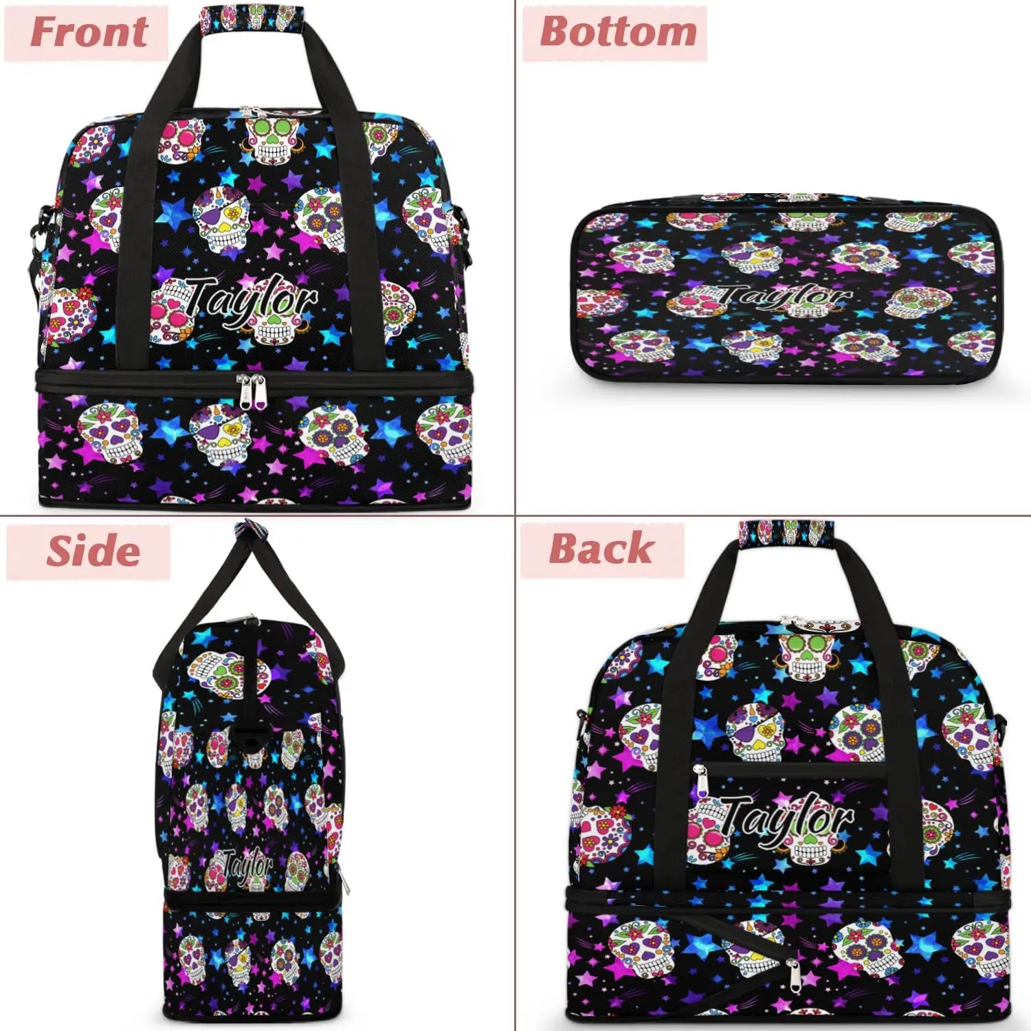 Customized Gym Bag for Women, Personalized Goth Skull Travel Duffel Bag with Name, Skull Skeleton Weekender Overnight Bag with Shoes Compartment for Men Travel Yoga