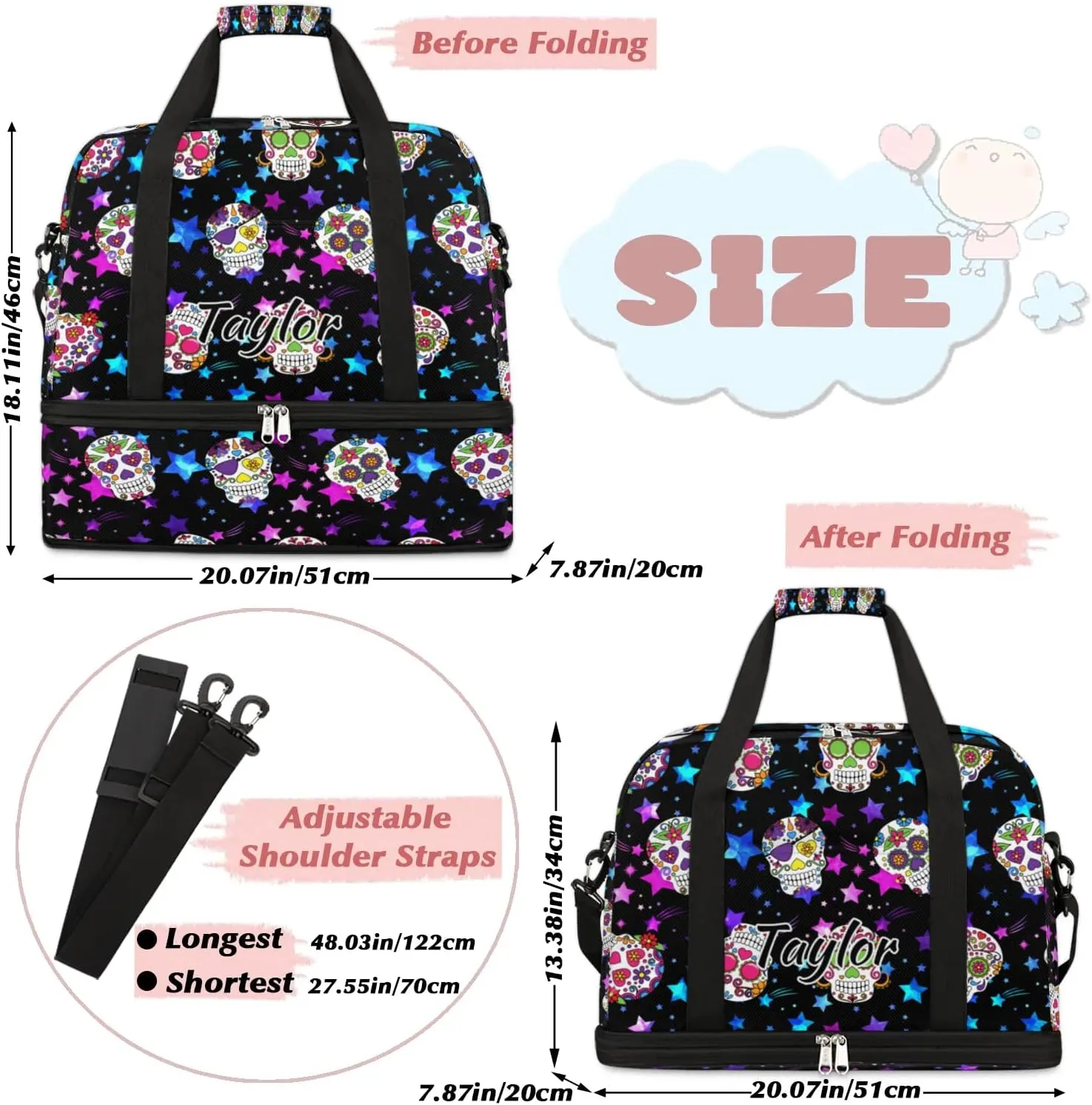 Customized Gym Bag for Women, Personalized Goth Skull Travel Duffel Bag with Name, Skull Skeleton Weekender Overnight Bag with Shoes Compartment for Men Travel Yoga