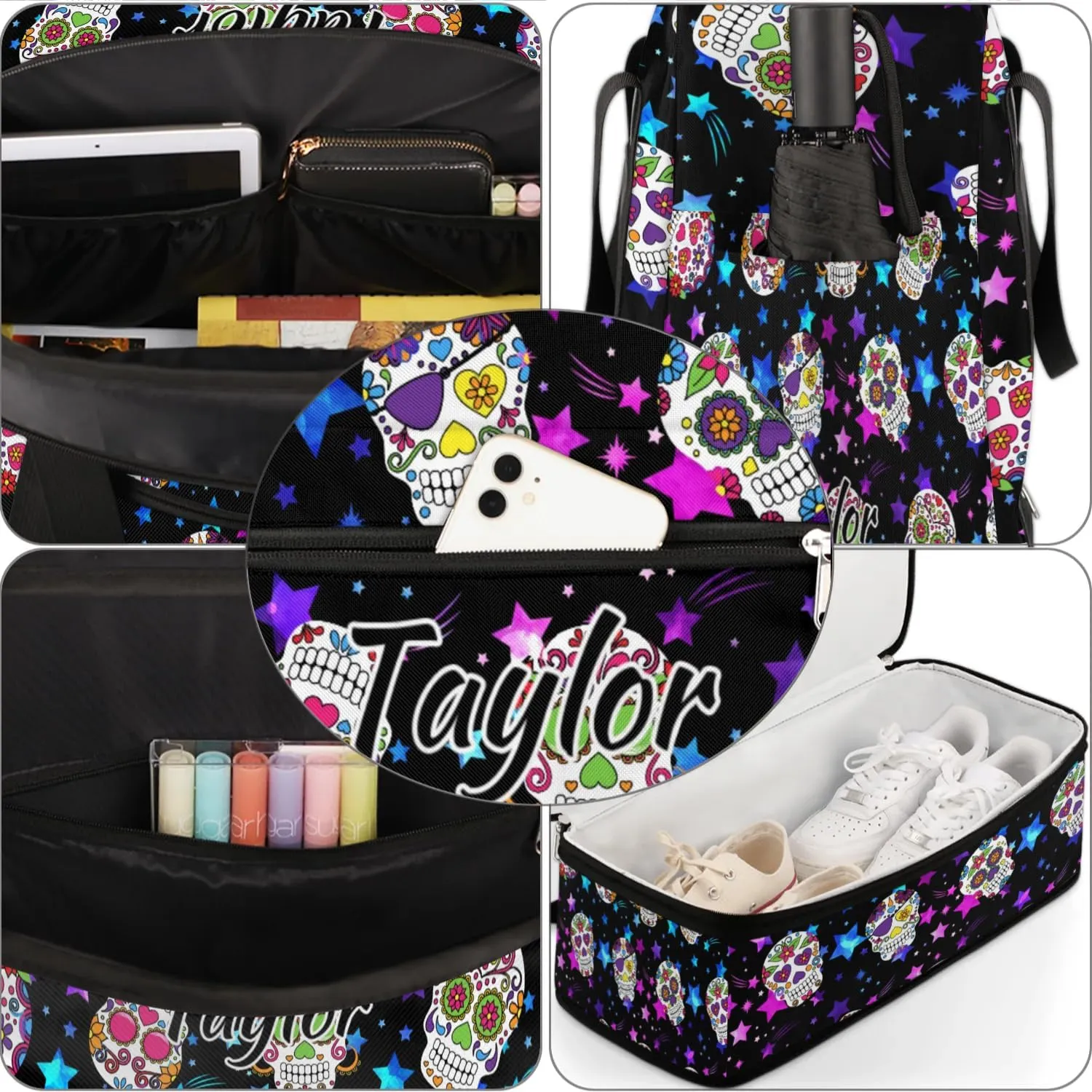 Customized Gym Bag for Women, Personalized Goth Skull Travel Duffel Bag with Name, Skull Skeleton Weekender Overnight Bag with Shoes Compartment for Men Travel Yoga