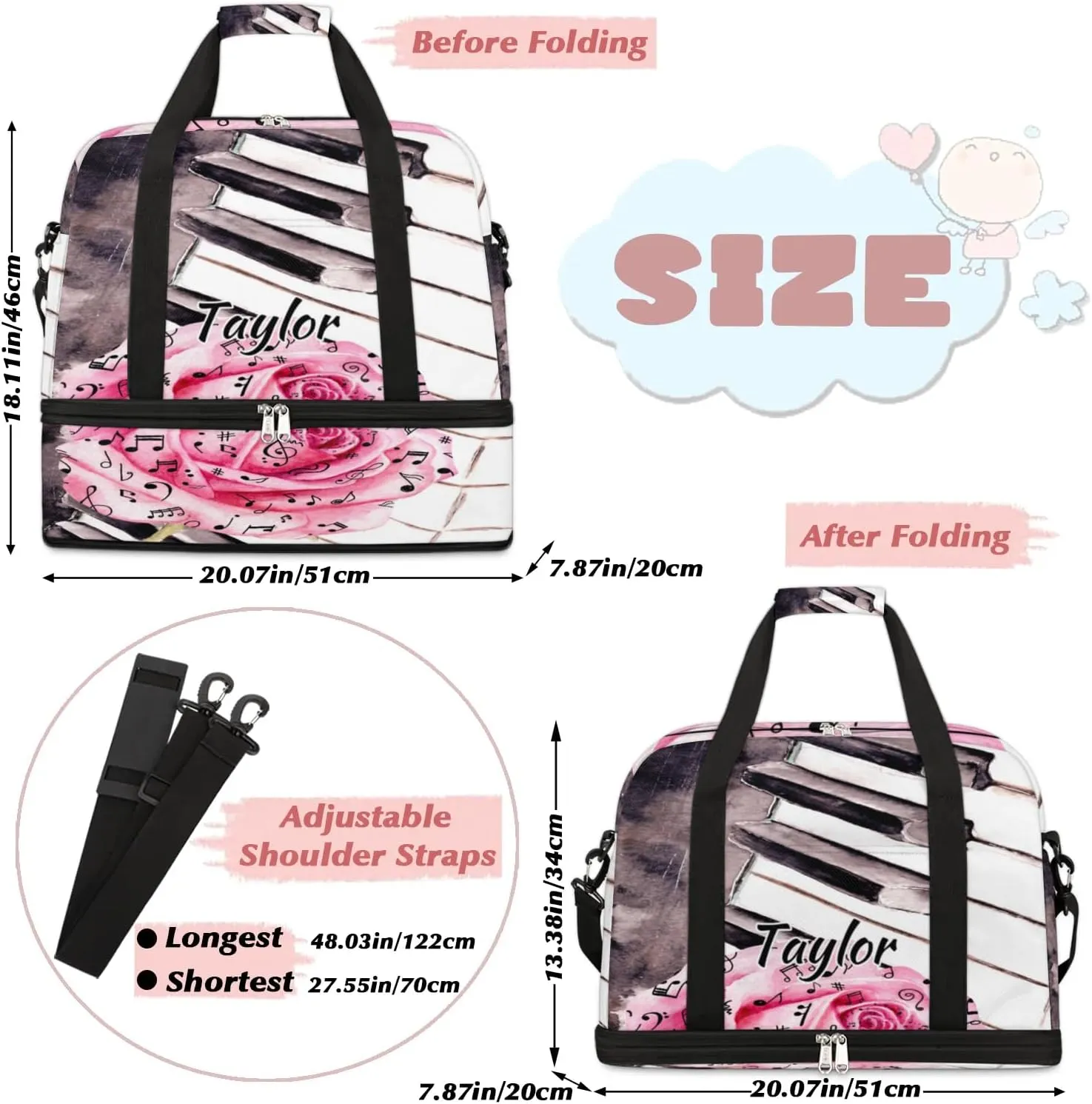 Customized Gym Bag for Women, Personalized Piano Keys Music Travel Duffel Bag with Name, Rose Weekender Overnight Bag with Shoes Compartment for Men Travel Yoga