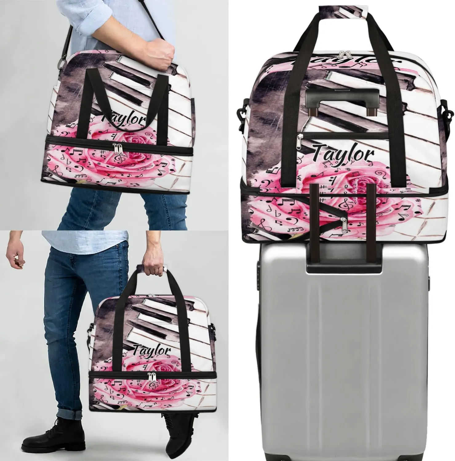 Customized Gym Bag for Women, Personalized Piano Keys Music Travel Duffel Bag with Name, Rose Weekender Overnight Bag with Shoes Compartment for Men Travel Yoga