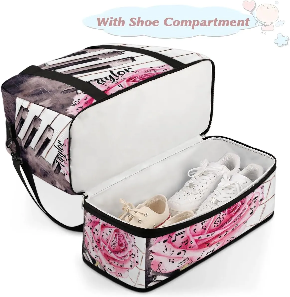 Customized Gym Bag for Women, Personalized Piano Keys Music Travel Duffel Bag with Name, Rose Weekender Overnight Bag with Shoes Compartment for Men Travel Yoga