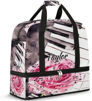 Customized Gym Bag for Women, Personalized Piano Keys Music Travel Duffel Bag with Name, Rose Weekender Overnight Bag with Shoes Compartment for Men Travel Yoga