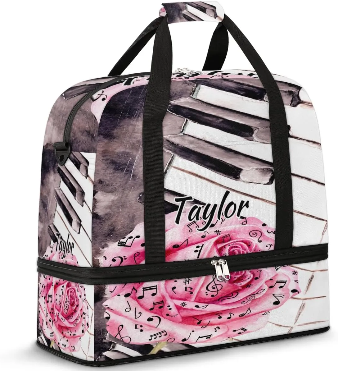 Customized Gym Bag for Women, Personalized Piano Keys Music Travel Duffel Bag with Name, Rose Weekender Overnight Bag with Shoes Compartment for Men Travel Yoga