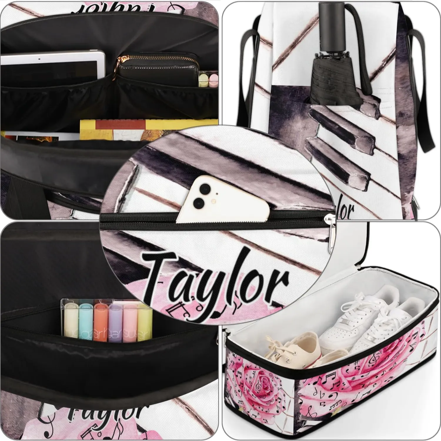 Customized Gym Bag for Women, Personalized Piano Keys Music Travel Duffel Bag with Name, Rose Weekender Overnight Bag with Shoes Compartment for Men Travel Yoga