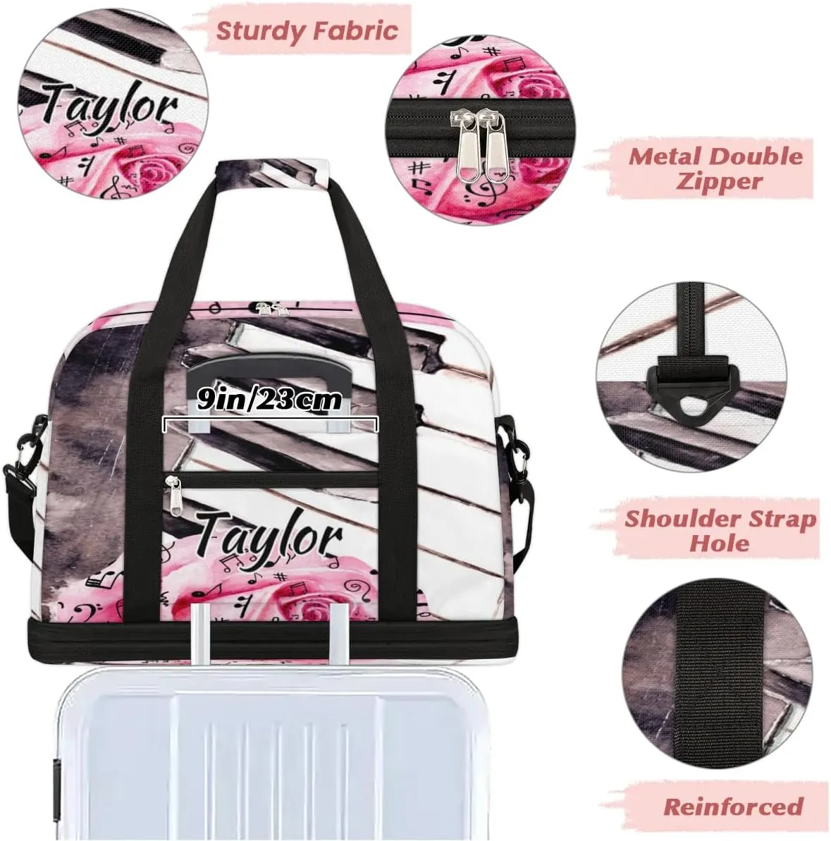Customized Gym Bag for Women, Personalized Piano Keys Music Travel Duffel Bag with Name, Rose Weekender Overnight Bag with Shoes Compartment for Men Travel Yoga
