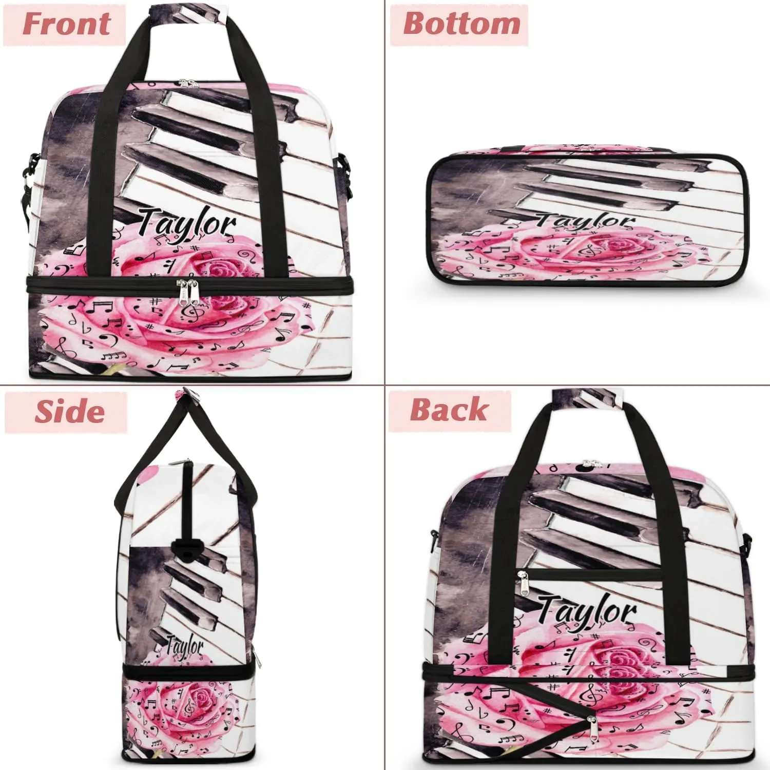Customized Gym Bag for Women, Personalized Piano Keys Music Travel Duffel Bag with Name, Rose Weekender Overnight Bag with Shoes Compartment for Men Travel Yoga