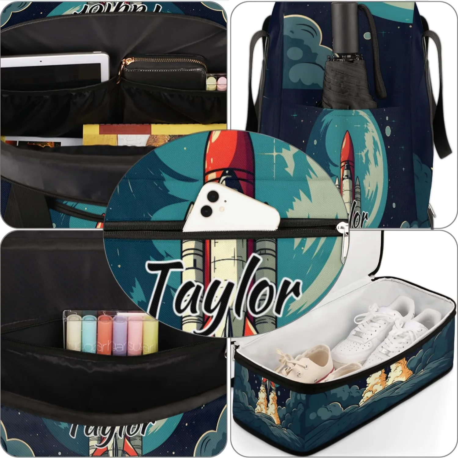 Customized Gym Bag for Women, Personalized Rockets Travel Duffel Bag with Name, Rockets Space Weekender Overnight Bag with Shoes Compartment for Men Travel Yoga