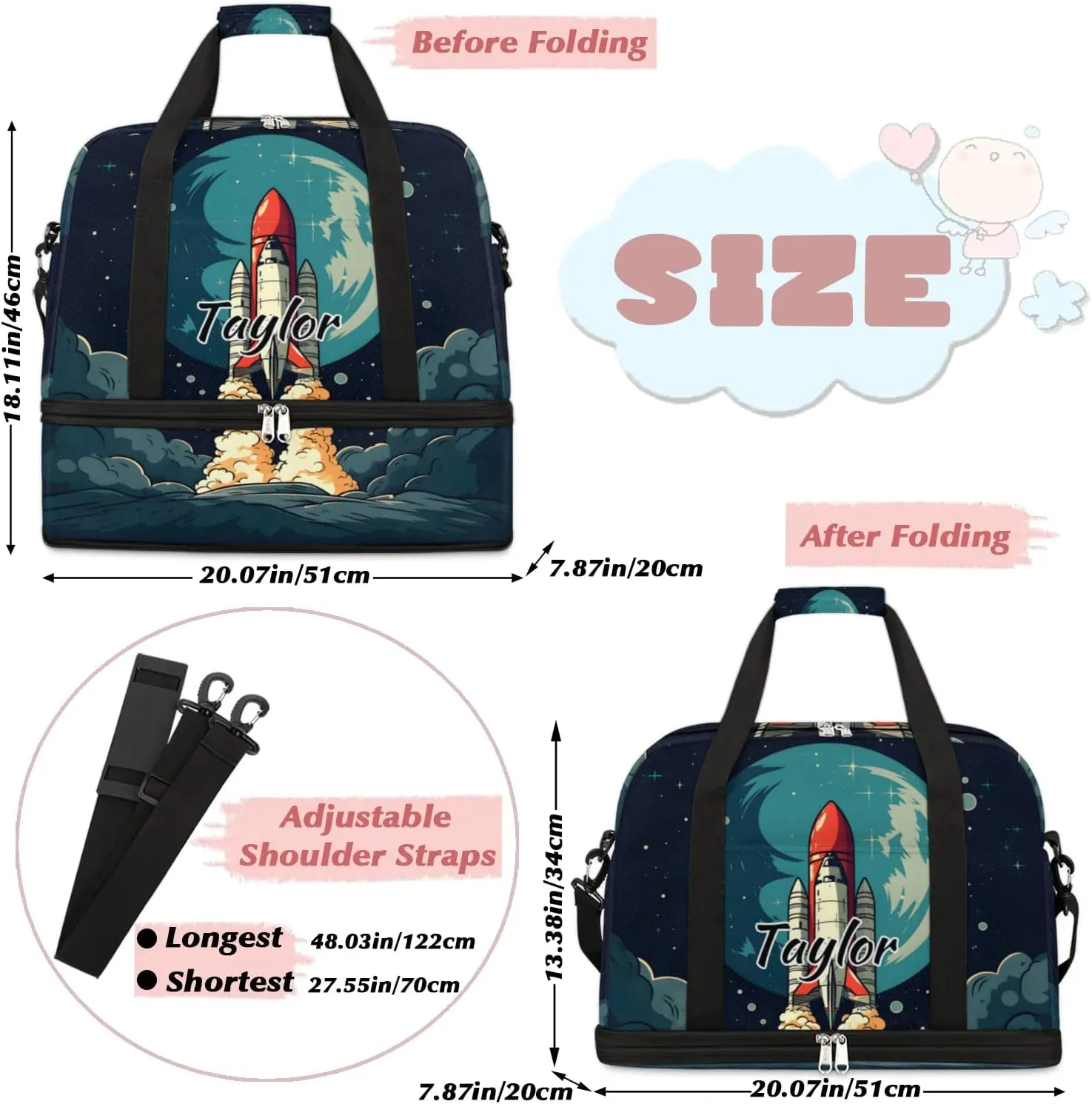 Customized Gym Bag for Women, Personalized Rockets Travel Duffel Bag with Name, Rockets Space Weekender Overnight Bag with Shoes Compartment for Men Travel Yoga