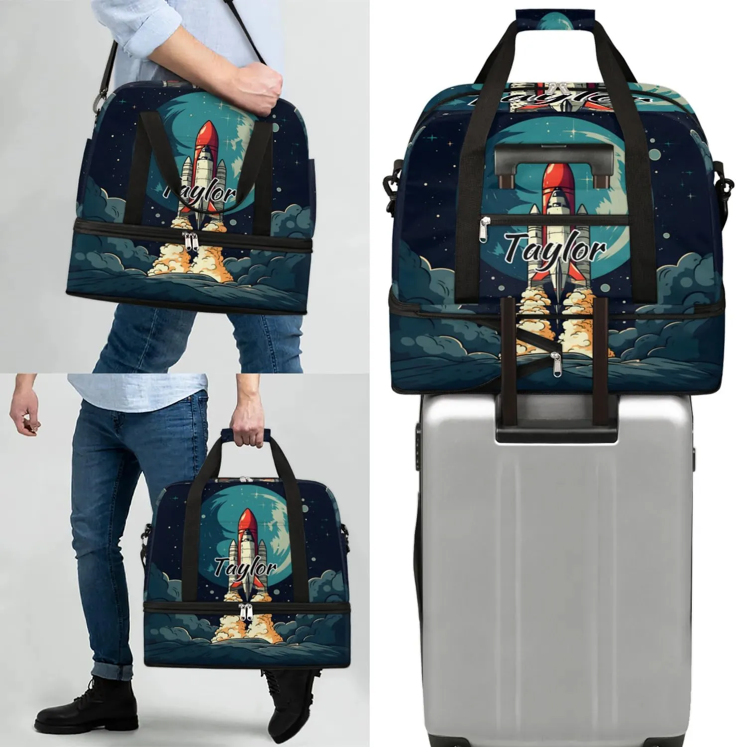 Customized Gym Bag for Women, Personalized Rockets Travel Duffel Bag with Name, Rockets Space Weekender Overnight Bag with Shoes Compartment for Men Travel Yoga