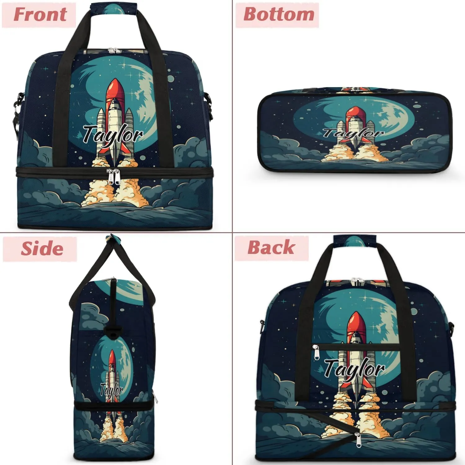 Customized Gym Bag for Women, Personalized Rockets Travel Duffel Bag with Name, Rockets Space Weekender Overnight Bag with Shoes Compartment for Men Travel Yoga