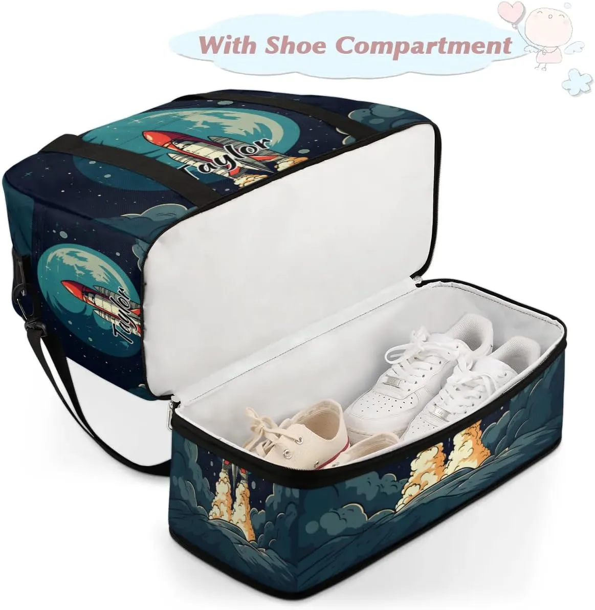 Customized Gym Bag for Women, Personalized Rockets Travel Duffel Bag with Name, Rockets Space Weekender Overnight Bag with Shoes Compartment for Men Travel Yoga
