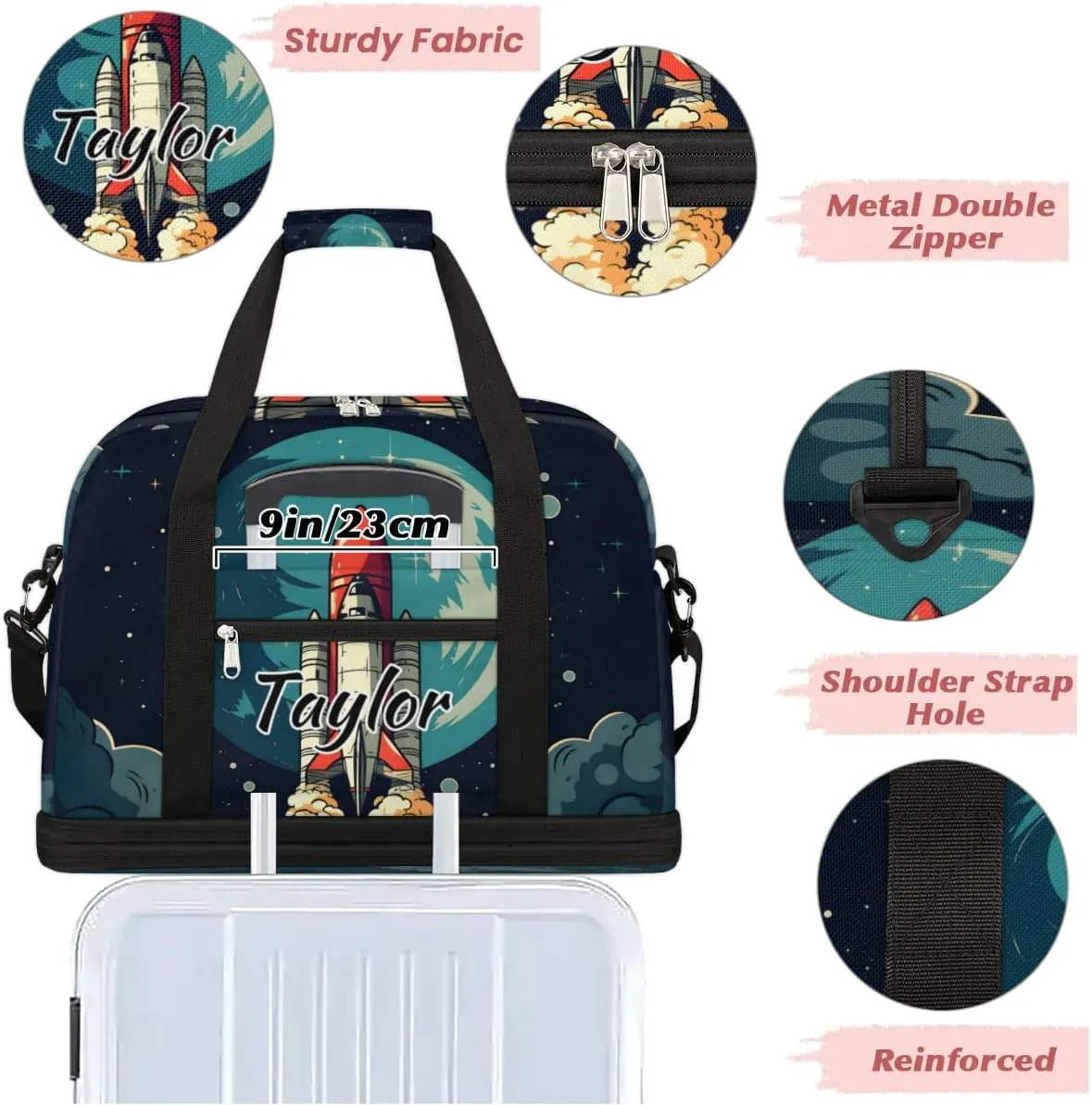 Customized Gym Bag for Women, Personalized Rockets Travel Duffel Bag with Name, Rockets Space Weekender Overnight Bag with Shoes Compartment for Men Travel Yoga