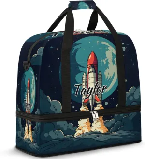 Customized Gym Bag for Women, Personalized Rockets Travel Duffel Bag with Name, Rockets Space Weekender Overnight Bag with Shoes Compartment for Men Travel Yoga