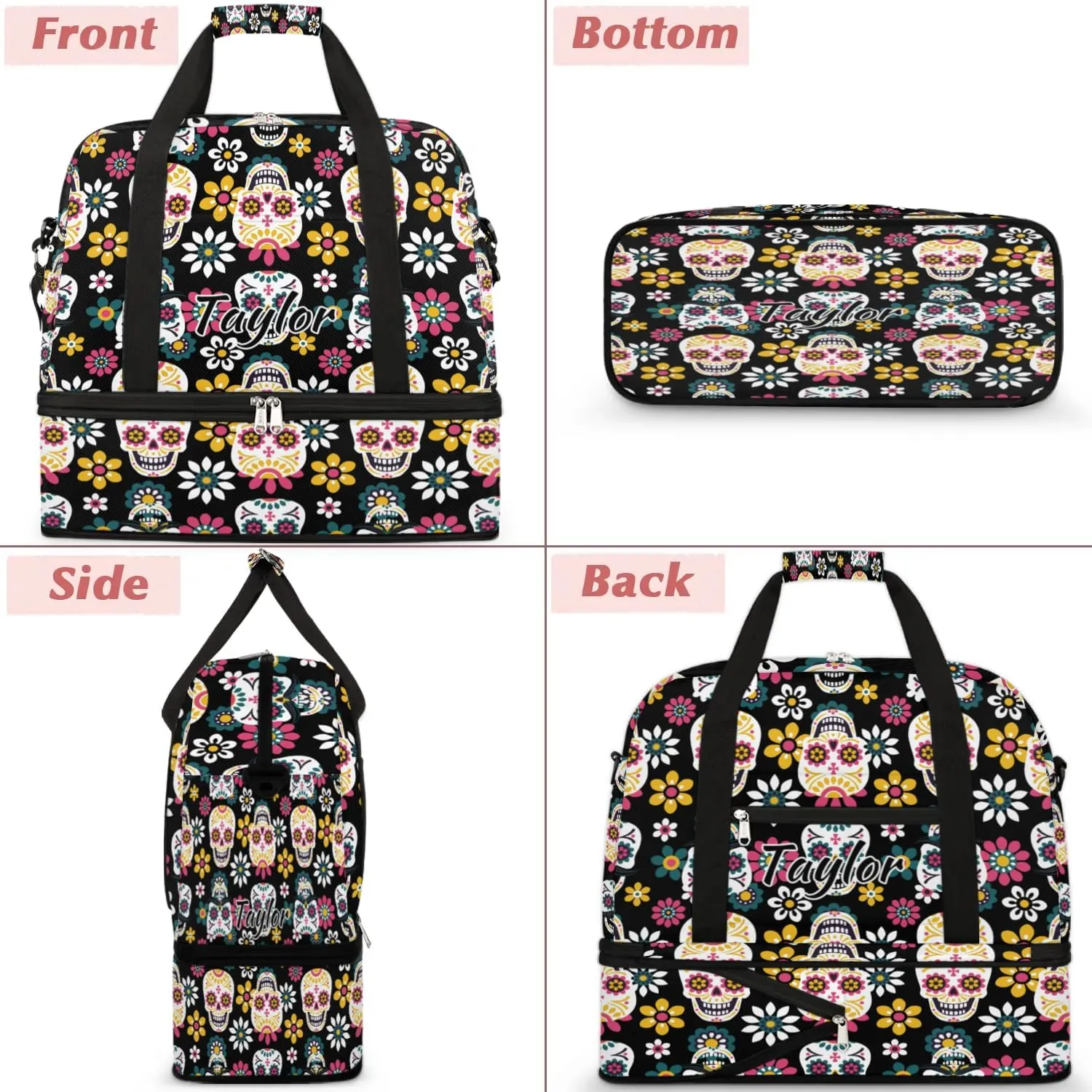 Customized Gym Bag for Women, Personalized Skull Skeleton Travel Duffel Bag with Name, Goth Skull Weekender Overnight Bag with Shoes Compartment for Men Travel Yoga